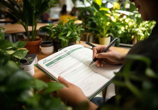 Eco-conscious millennial planning savings goals with a reusable notebook at a plant-filled Singapore cafe