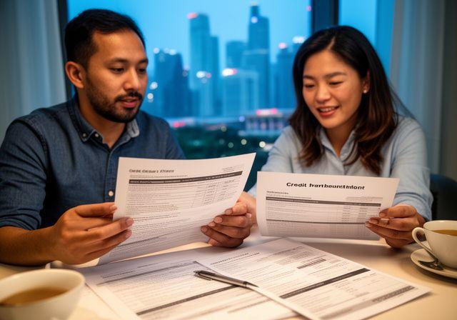 Expatriate couple reviewing credit report documents together at a dining table with Singapore skyline visible through window