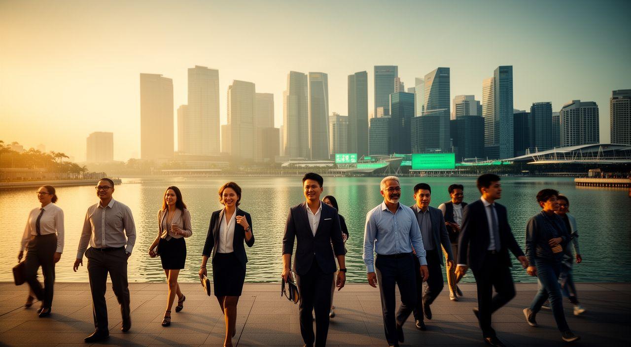 Singapore skyline at golden hour with diverse professionals walking along Marina Bay waterfront