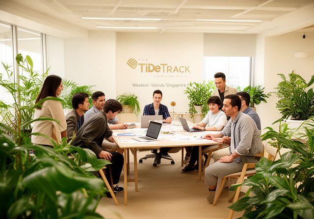 TideTrack Financial team members collaborating in their Western Islands Singapore office with natural light and plants