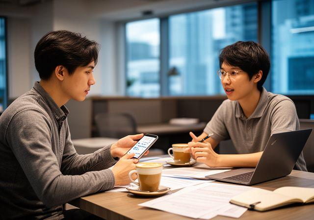 University student and gig worker discussing debt repayment options over coffee at a co-working space in Singapore